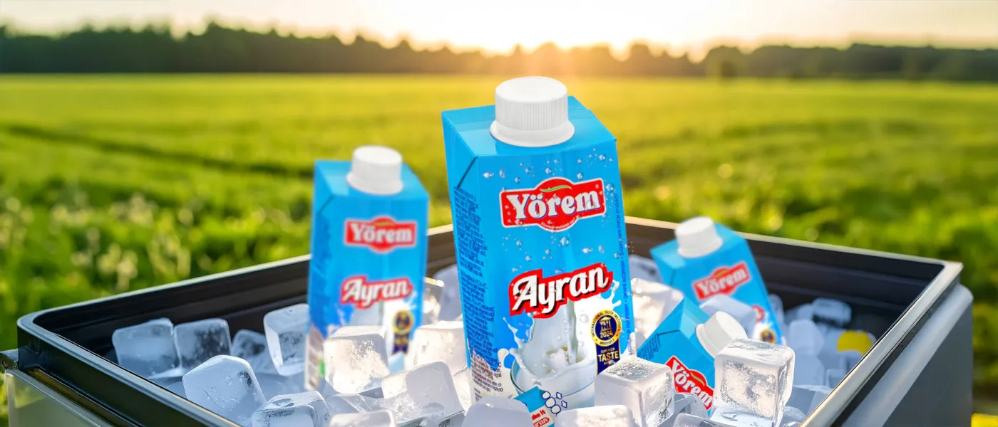 Mehrere eckige, blaue Getränkekartons der Marke „Yörem“ mit weißem Schraubverschluss und der Aufschrift „Ayran“ stehen in einer Kühlbox, die mit Eiswürfeln gefüllt ist. Die Szene ist bei Sonnenuntergang auf einem offenen Feld fotografiert, im Hintergrund ist eine grüne Wiese und ein unscharfer Waldrand zu sehen. Die Verpackungen sind mit kleinen Wassertröpfchen bedeckt, was auf die Kälte hinweist. Die Stimmung ist sommerlich und erfrischend – das Bild vermittelt Durstlöscher-Charakter und Frische.
